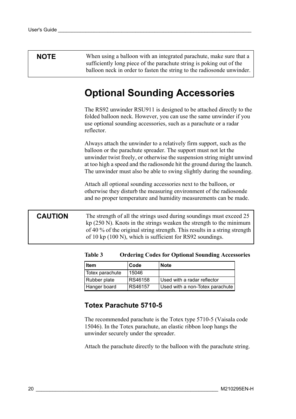 Optional sounding accessories, Totex parachute 5710-5, Table 3 | Ordering codes for optional sounding accessories, Caution | Vaisala RS92-SGP User Manual | Page 22 / 58