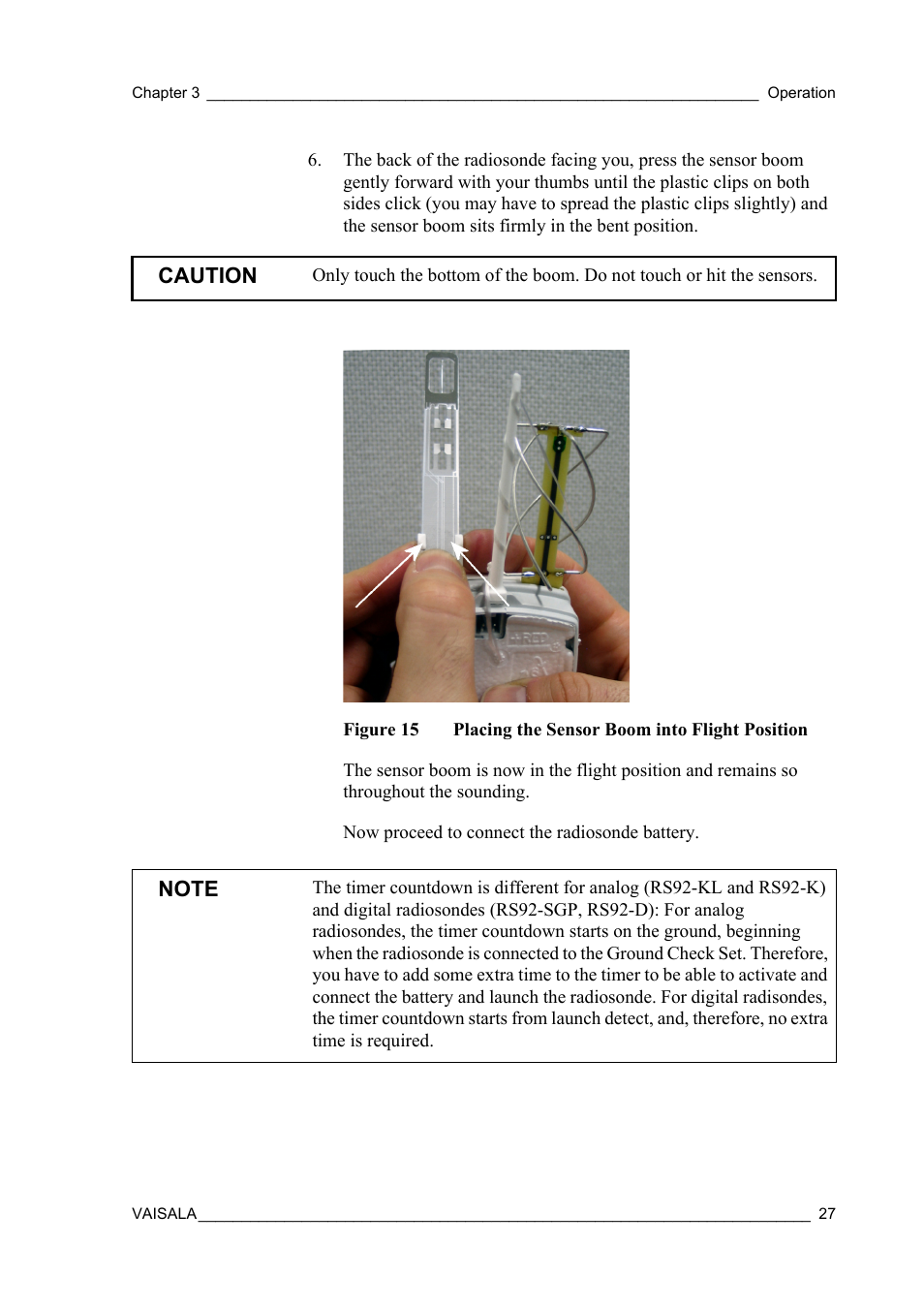 Figure 15, Placing the sensor boom into flight position, Caution | Vaisala RS92-SGP User Manual | Page 29 / 58