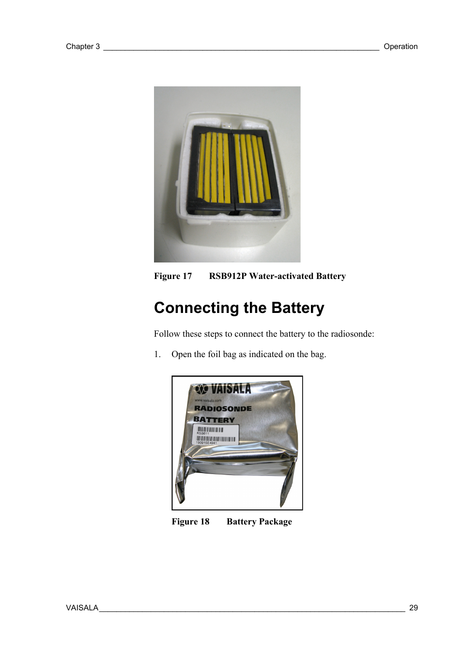 Connecting the battery, Figure 17, Rsb912p water-activated battery | Figure 18, Battery package | Vaisala RS92-SGP User Manual | Page 31 / 58