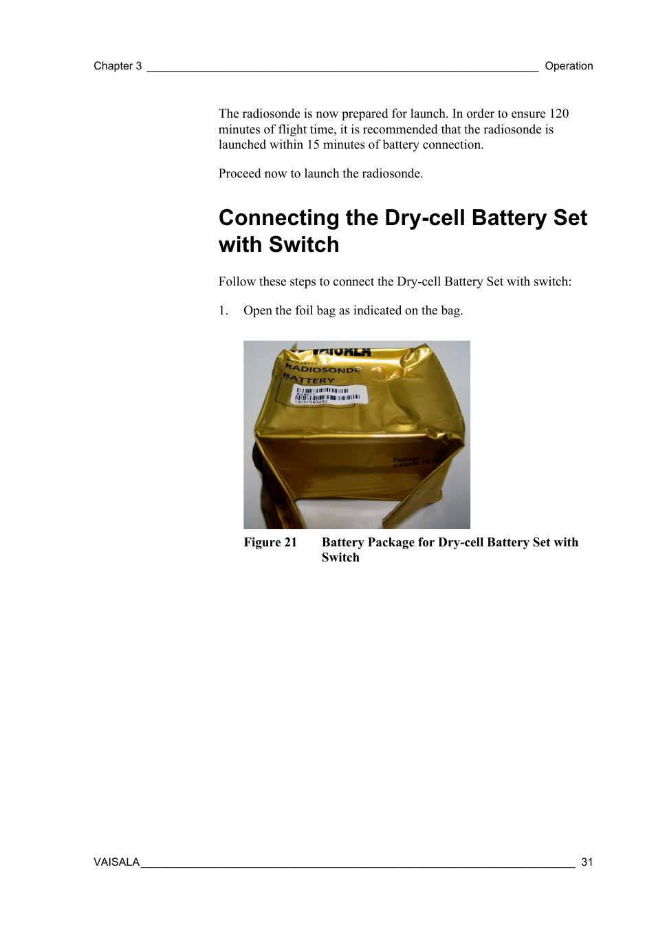 Connecting the dry-cell battery set with switch, Figure 21 | Vaisala RS92-SGP User Manual | Page 33 / 58