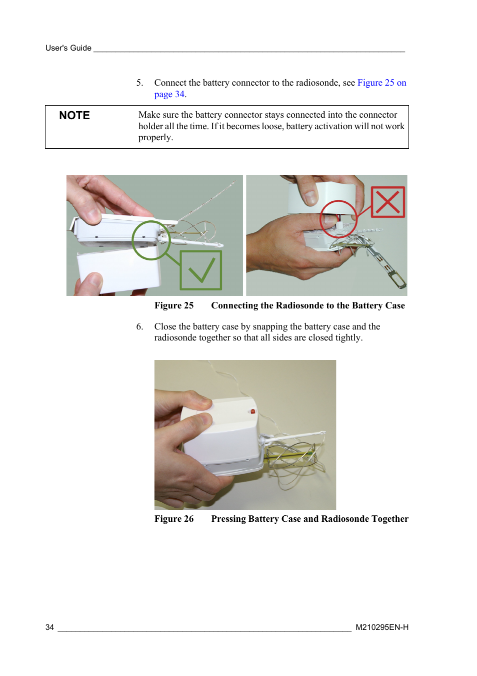 Figure 25, Connecting the radiosonde to the battery case, Figure 26 | Pressing battery case and radiosonde together | Vaisala RS92-SGP User Manual | Page 36 / 58