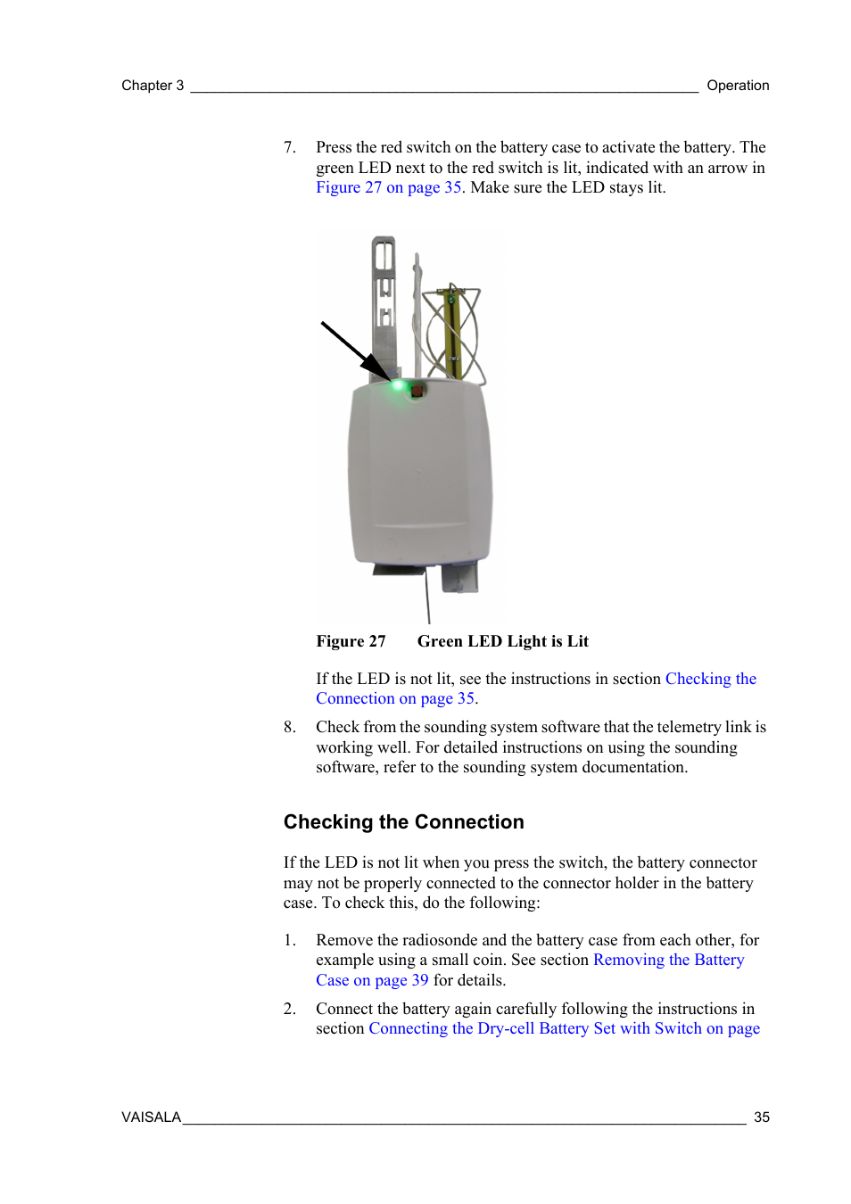 Checking the connection, Figure 27, Green led light is lit | Vaisala RS92-SGP User Manual | Page 37 / 58