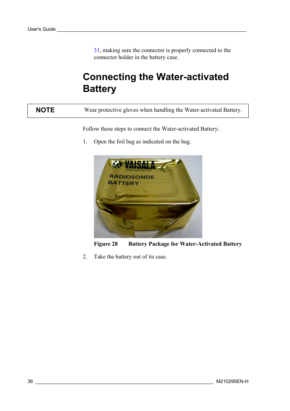 Connecting the water-activated battery, Figure 28, Battery package for water-activated battery | Vaisala RS92-SGP User Manual | Page 38 / 58
