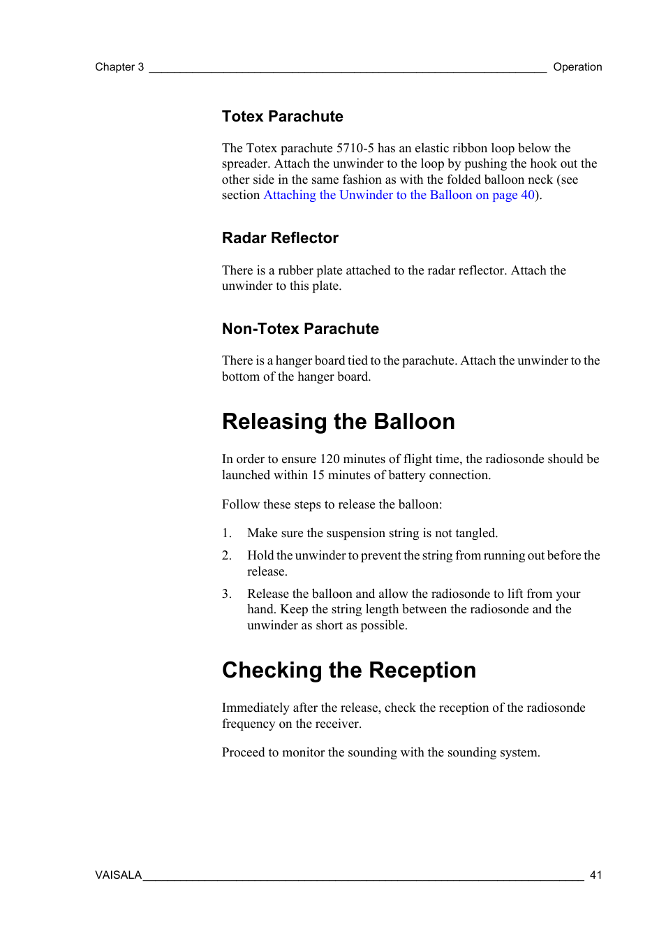 Totex parachute, Radar reflector, Non-totex parachute | Releasing the balloon, Checking the reception, Releasing the balloon checking the reception | Vaisala RS92-SGP User Manual | Page 43 / 58