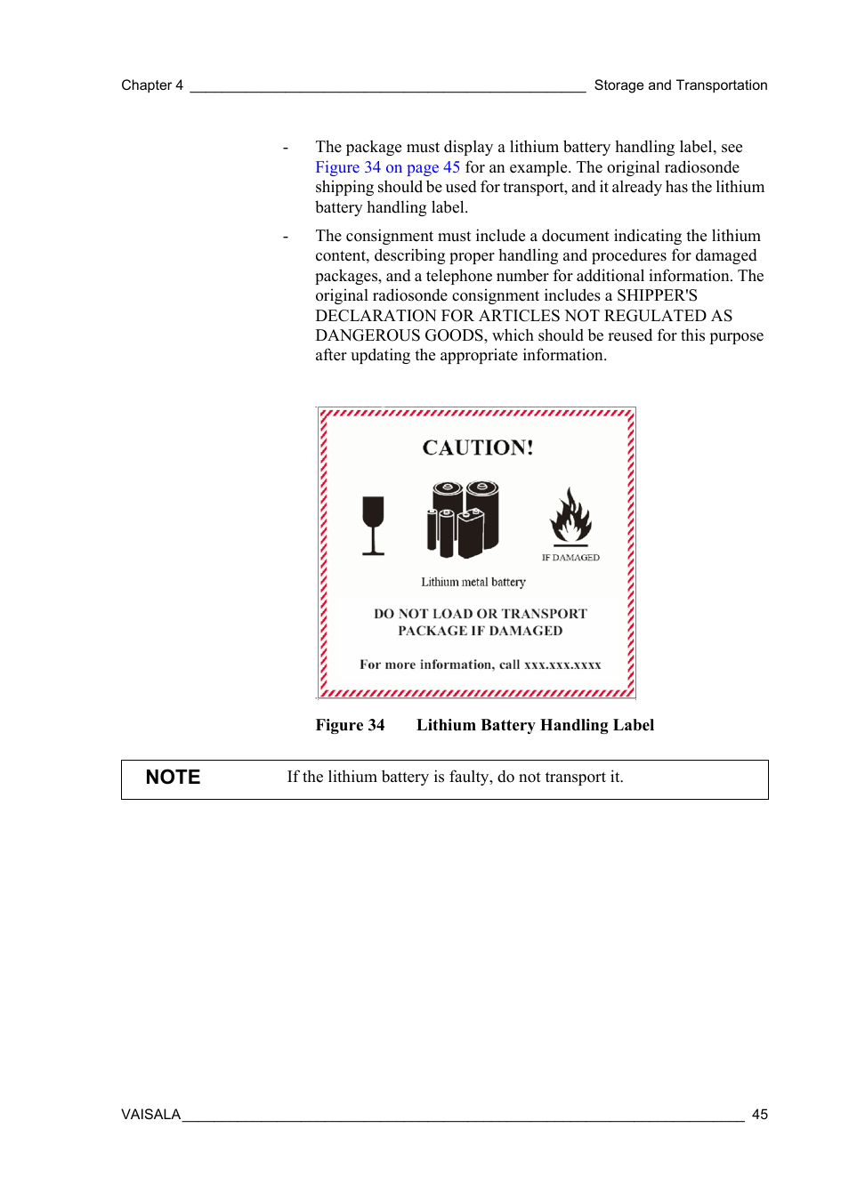 Figure 34, Lithium battery handling label | Vaisala RS92-SGP User Manual | Page 47 / 58