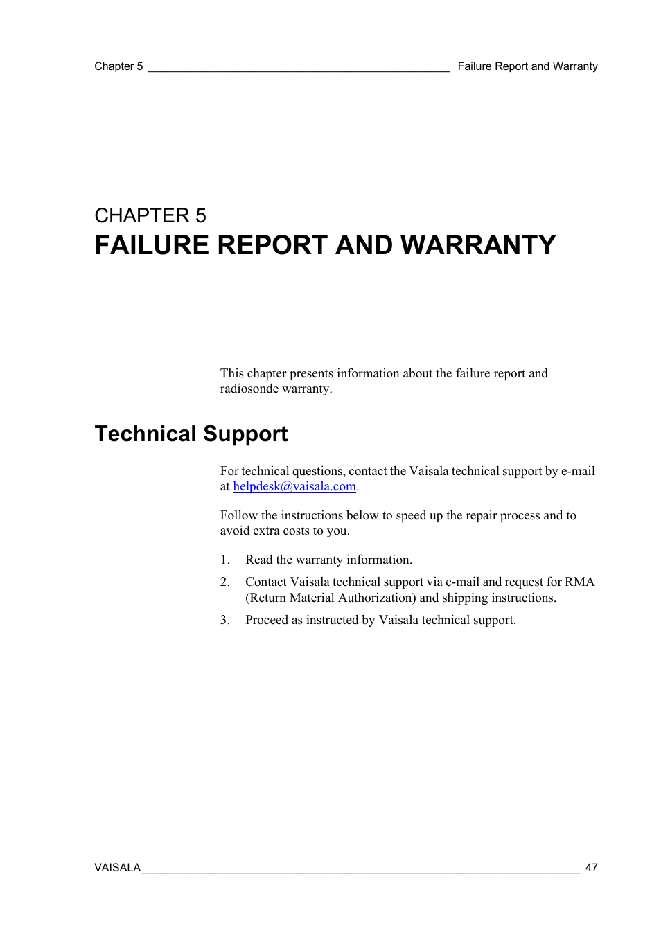 Chapter 5 failure report and warranty, Technical support, Chapter 5 | Failure report and warranty | Vaisala RS92-SGP User Manual | Page 49 / 58