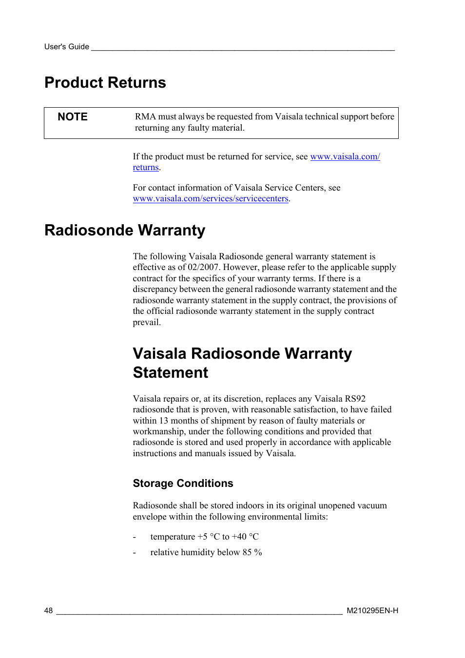Product returns, Radiosonde warranty, Vaisala radiosonde warranty statement | Storage conditions, Product returns radiosonde warranty | Vaisala RS92-SGP User Manual | Page 50 / 58