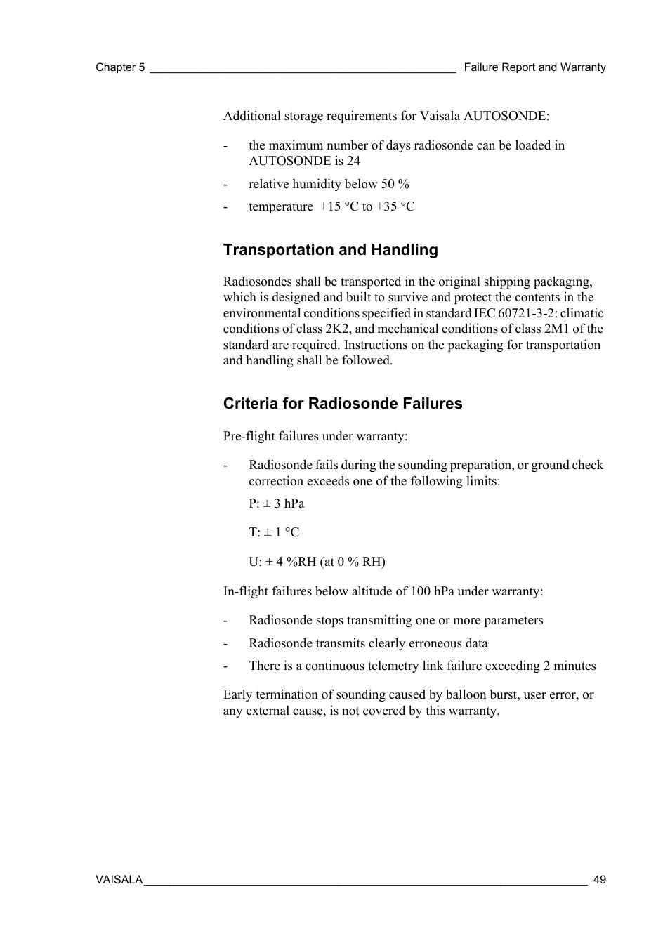 Transportation and handling, Criteria for radiosonde failures | Vaisala RS92-SGP User Manual | Page 51 / 58