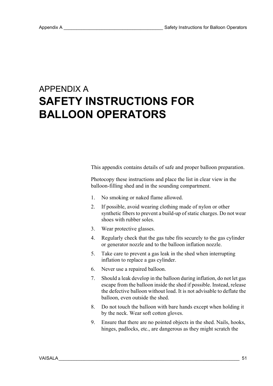 Appendix a, Safety instructions for balloon operators | Vaisala RS92-SGP User Manual | Page 53 / 58