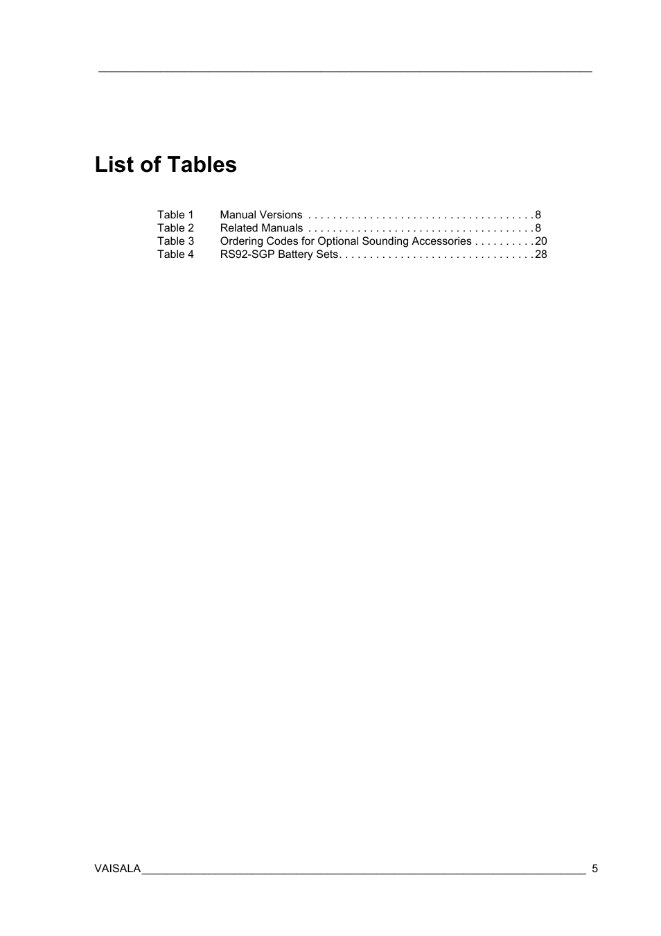 List of tables | Vaisala RS92-SGP User Manual | Page 7 / 58