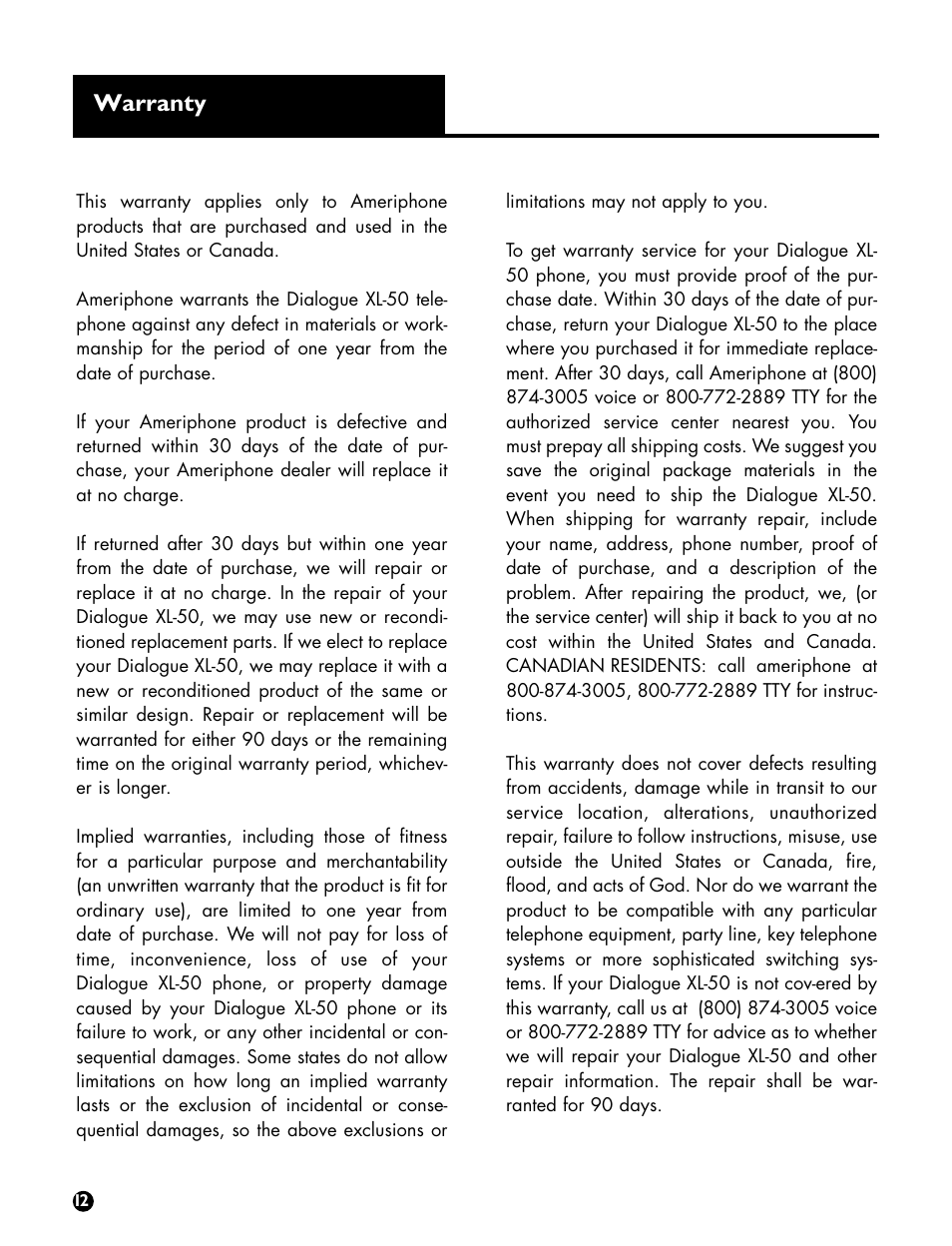 Warranty | Ameriphone DIALOGUE XL 50 User Manual | Page 14 / 15