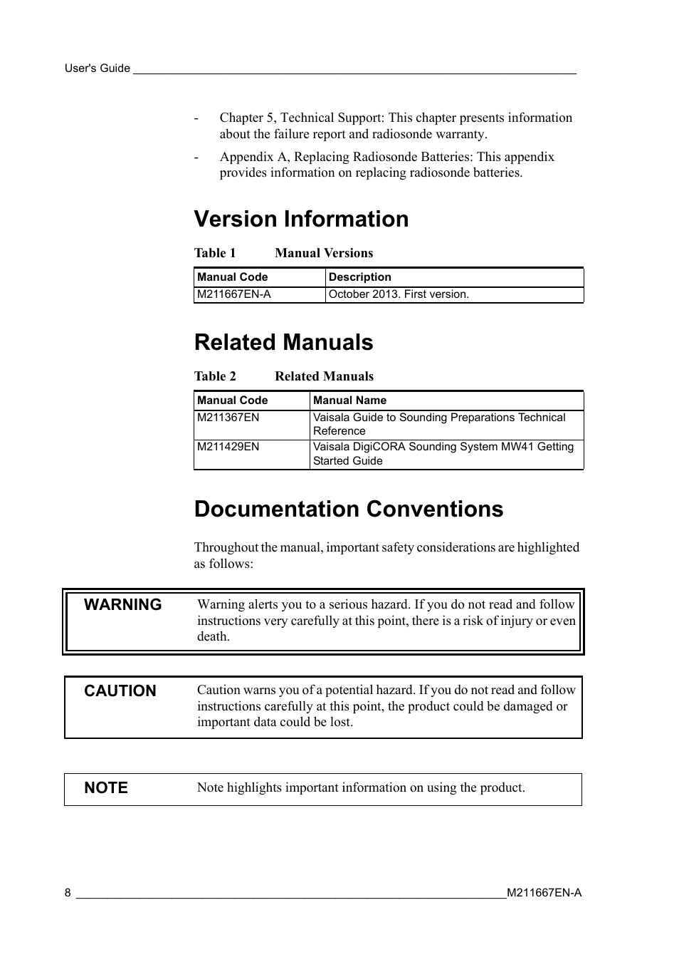 Version information, Related manuals, Documentation conventions | Table 1, Manual versions, Table 2 | Vaisala RS41 User Manual | Page 10 / 44