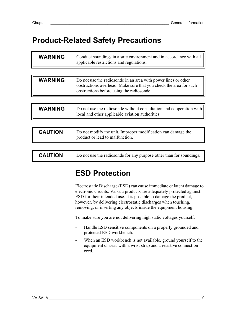 Product-related safety precautions, Esd protection, Product-related safety precautions esd protection | Vaisala RS41 User Manual | Page 11 / 44