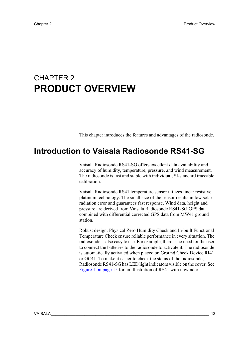 Chapter 2 product overview, Introduction to vaisala radiosonde rs41-sg, Chapter 2 | Product overview | Vaisala RS41 User Manual | Page 15 / 44