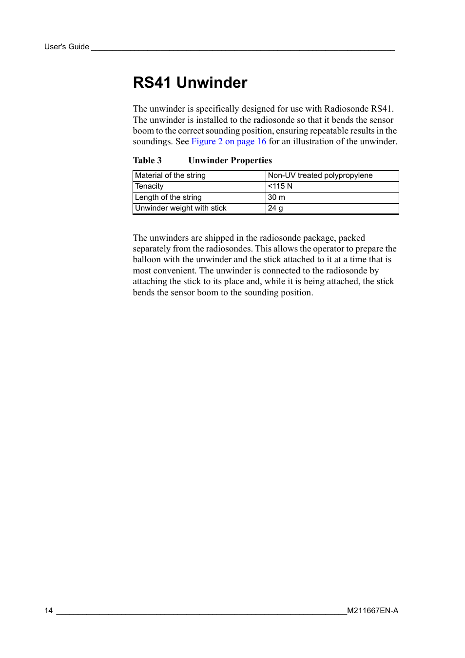 Rs41 unwinder, Table 3, Unwinder properties | Vaisala RS41 User Manual | Page 16 / 44