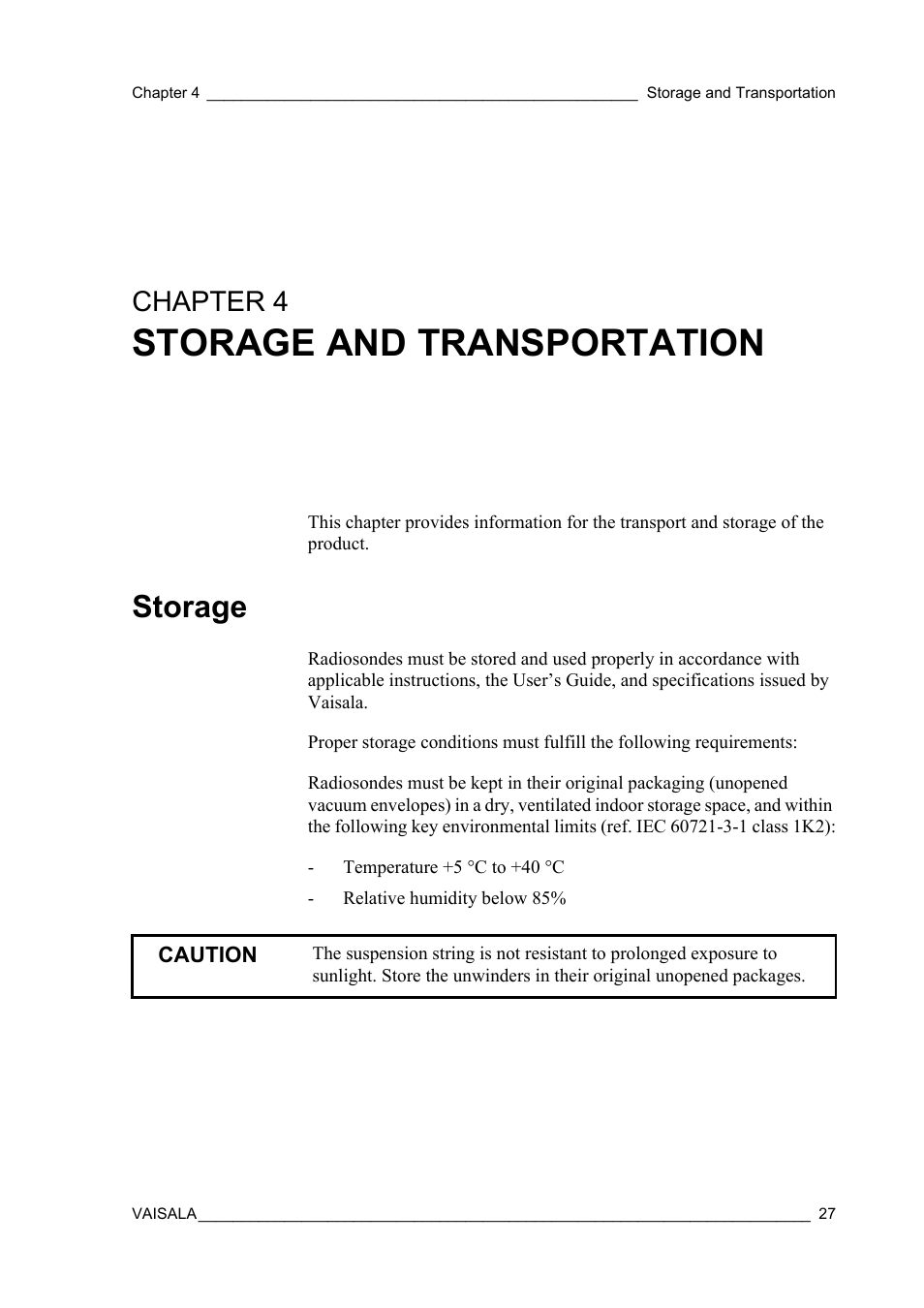 Chapter 4 storage and transportation, Storage, Chapter 4 | Storage and transportation | Vaisala RS41 User Manual | Page 29 / 44