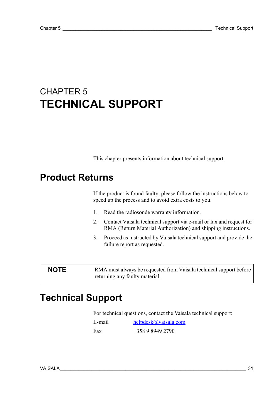 Chapter 5 technical support, Product returns, Technical support | Chapter 5, Product returns technical support | Vaisala RS41 User Manual | Page 33 / 44