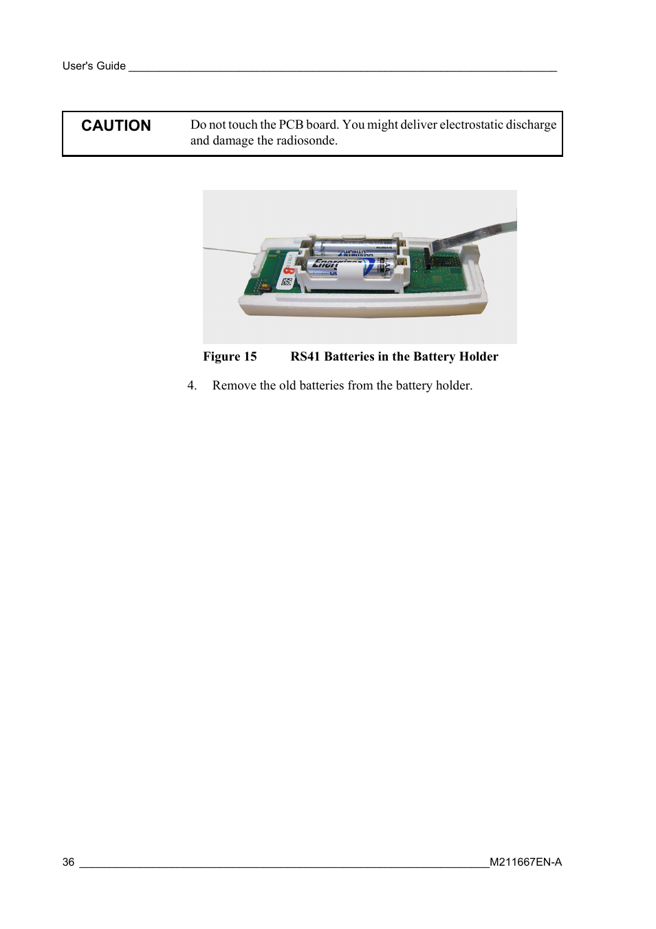 Figure 15, Rs41 batteries in the battery holder, Caution | Vaisala RS41 User Manual | Page 38 / 44