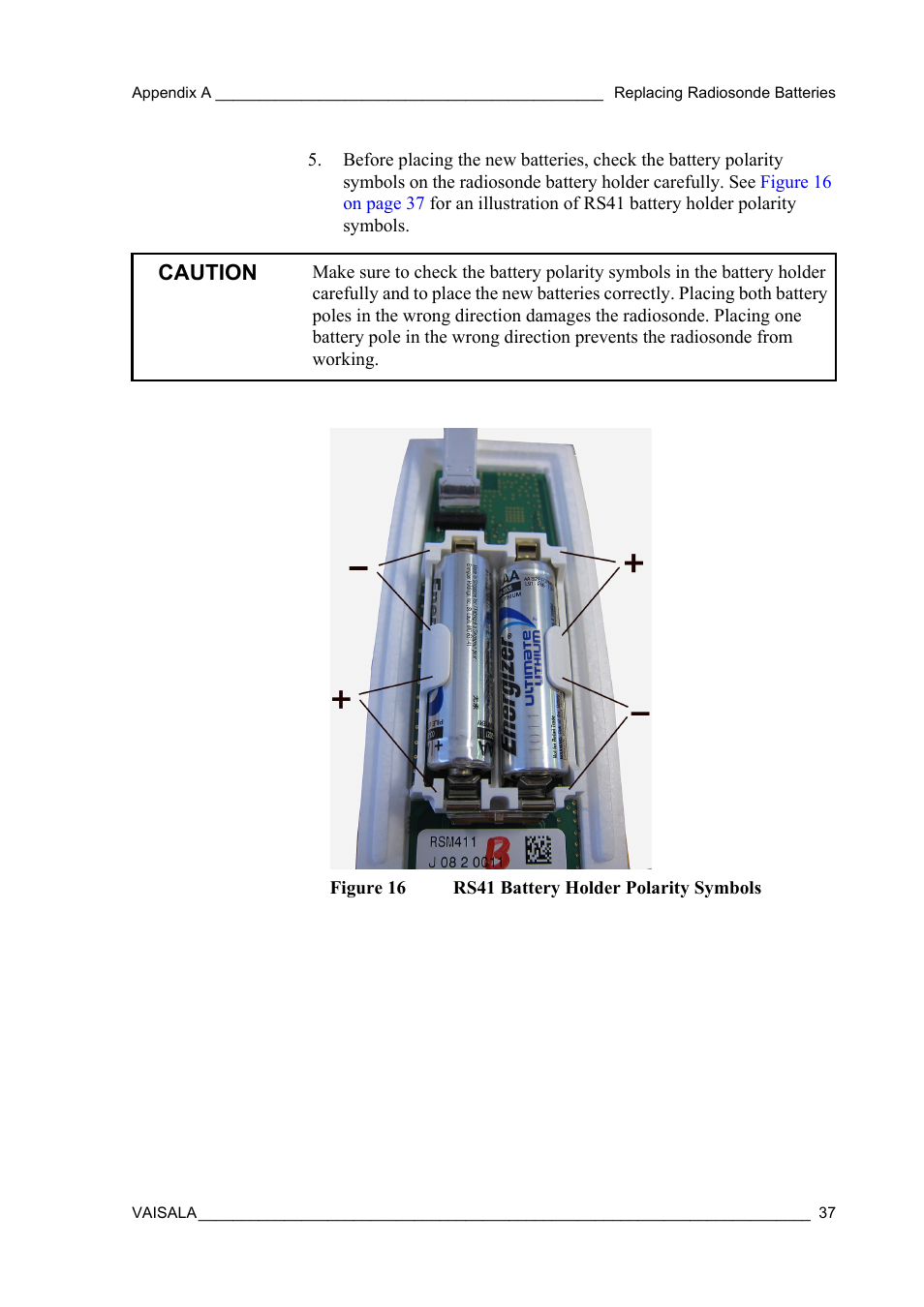 Figure 16, Rs41 battery holder polarity symbols, Caution | Vaisala RS41 User Manual | Page 39 / 44