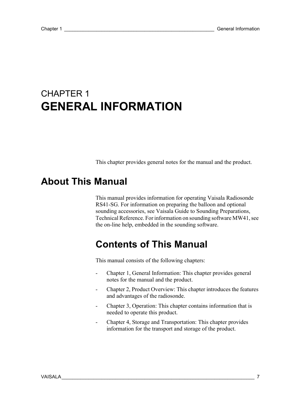 Chapter 1 general information, About this manual, Contents of this manual | Chapter 1, General information | Vaisala RS41 User Manual | Page 9 / 44