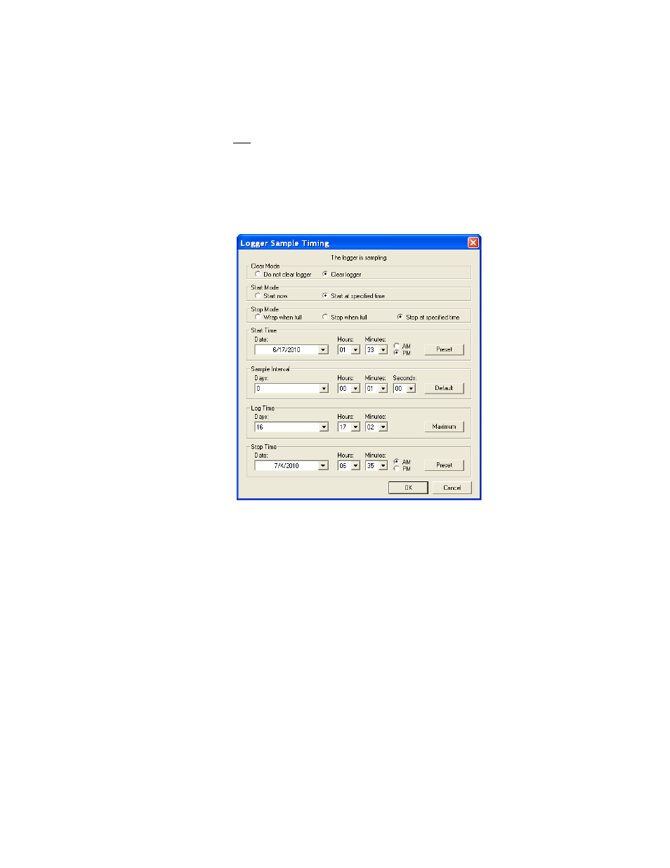 Setting the data logger sample timing, Setting the clear mode | Vaisala Spectrum 4.0 User Manual | Page 28 / 82