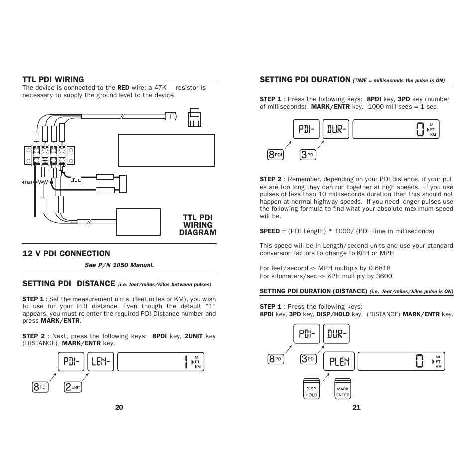 Ttl pdi wiring, 12 v pdi connection, Setting pdi distance | Ttl pdi wiring diagram setting pdi duration, See p/n 1050 manual, Sensor, Step 1 : press the following keys | Vaisala TCI101 NiteStar User Manual | Page 12 / 26