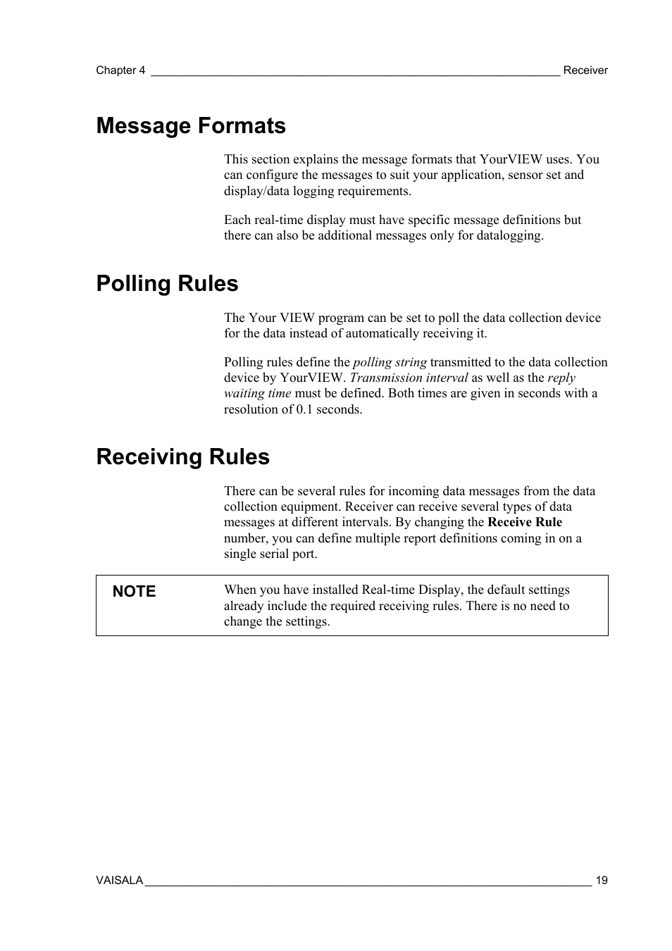 Message formats, Polling rules, Receiving rules | Vaisala Real-time Display Software YOURVIEW User Manual | Page 21 / 41