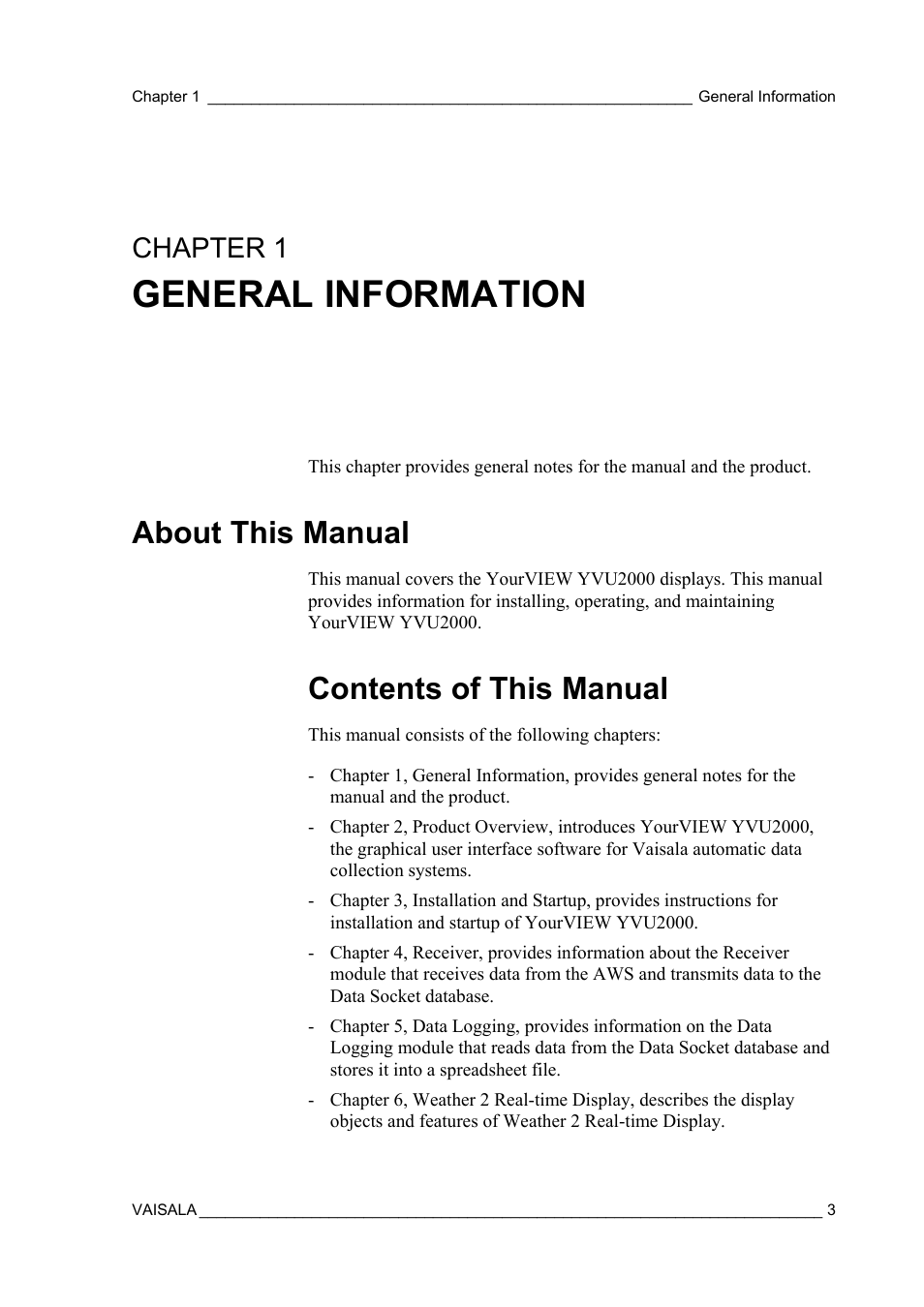 General information, About this manual, Contents of this manual | Chapter 1 | Vaisala Real-time Display Software YOURVIEW User Manual | Page 5 / 41