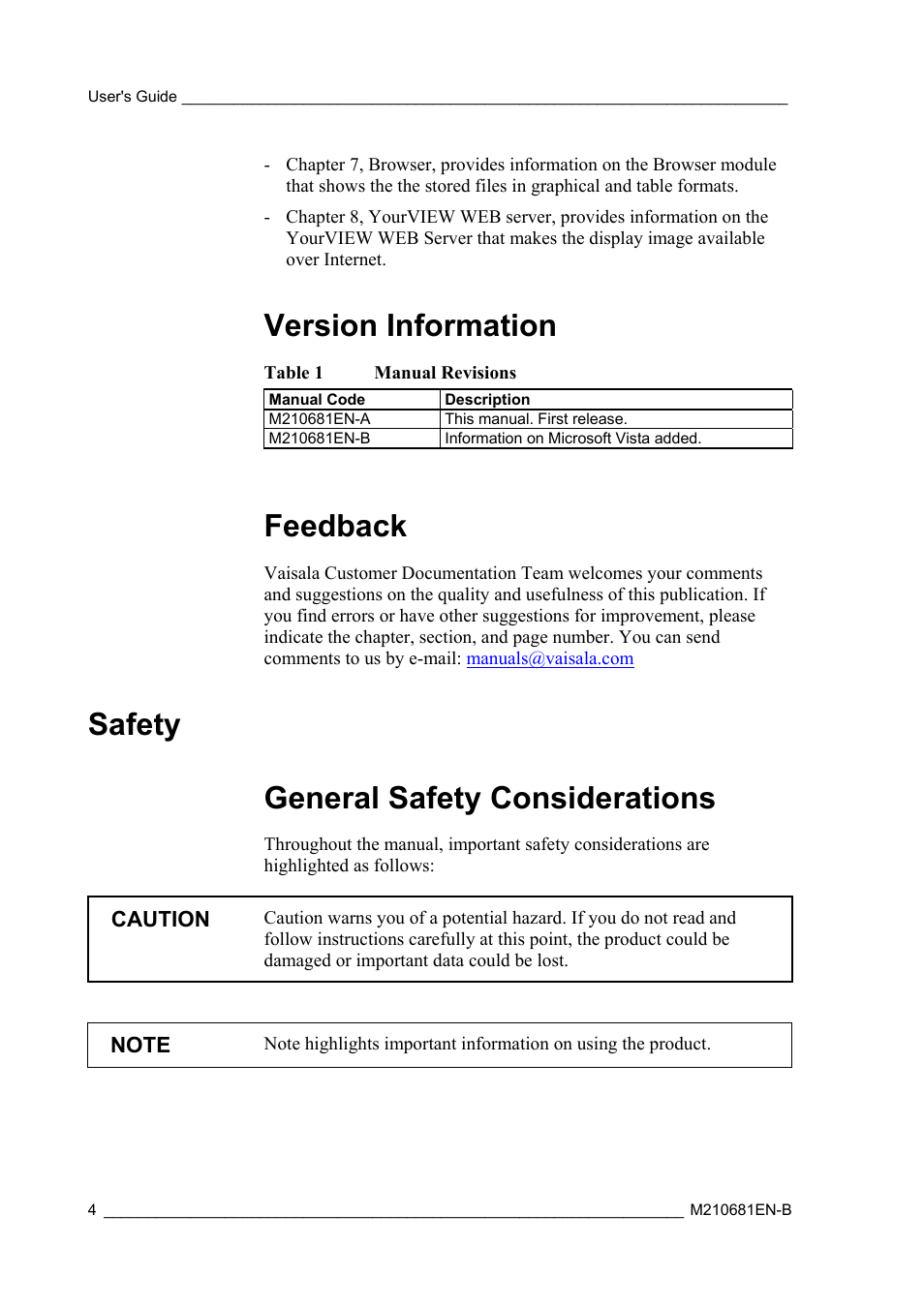 Version information, Feedback, Safety | General safety considerations, Safety general safety considerations | Vaisala Real-time Display Software YOURVIEW User Manual | Page 6 / 41