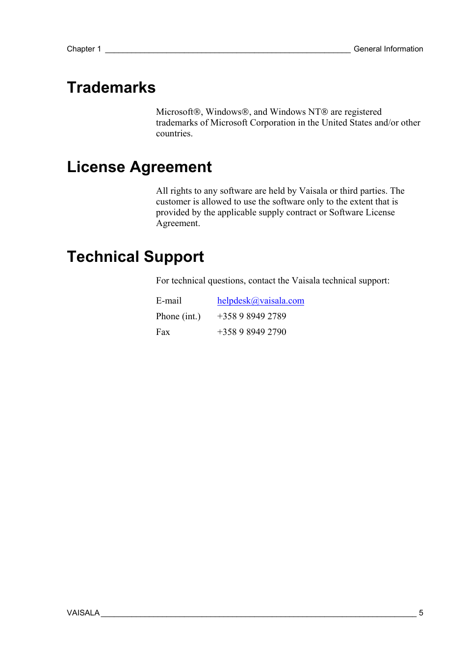 Trademarks, License agreement, Technical support | Vaisala Real-time Display Software YOURVIEW User Manual | Page 7 / 41