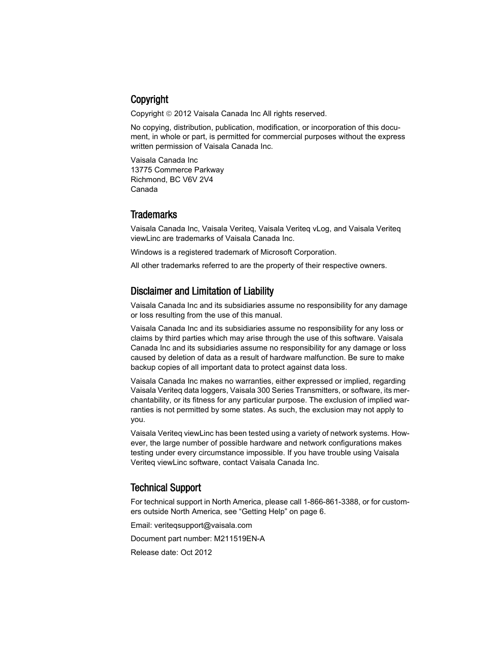 Copyright, Trademarks, Disclaimer and limitation of liability | Technical support | Vaisala viewLinc 4.1 User Manual | Page 2 / 60