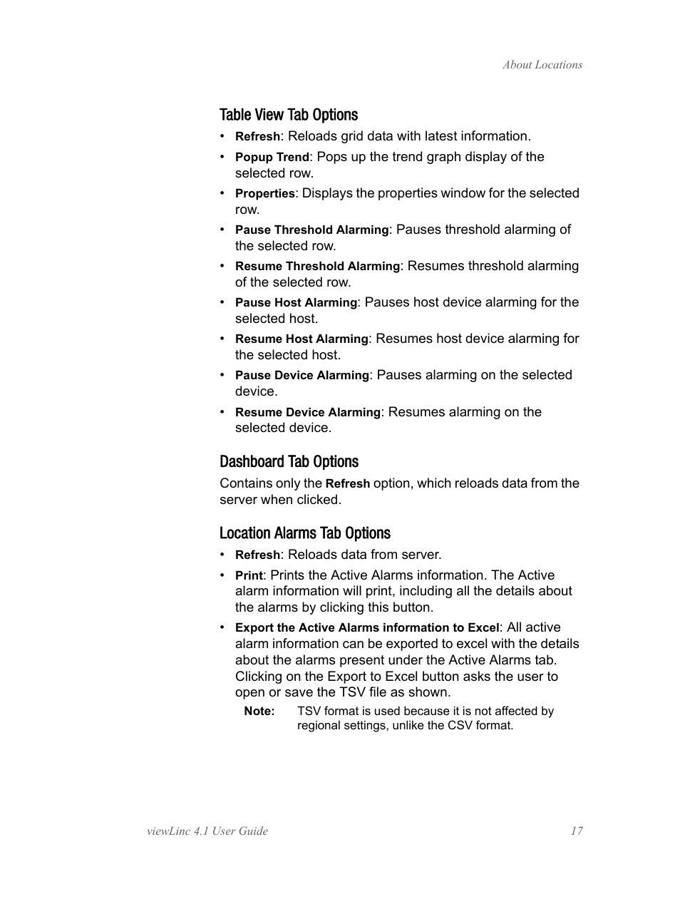Table view tab options, Dashboard tab options, Location alarms tab options | Vaisala viewLinc 4.1 User Manual | Page 21 / 60