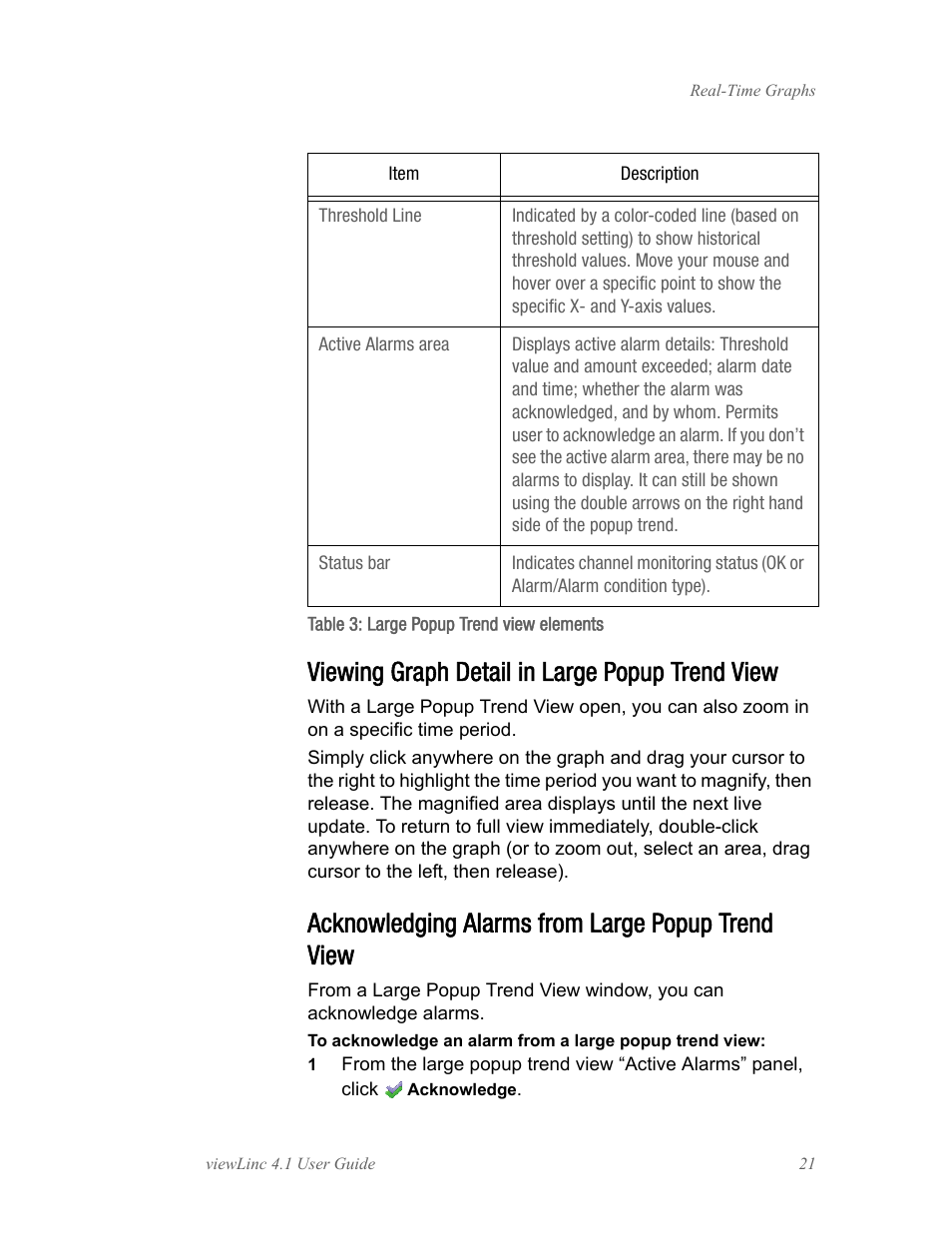 Viewing graph detail in large popup trend view, Acknowledging alarms from large popup trend view | Vaisala viewLinc 4.1 User Manual | Page 25 / 60