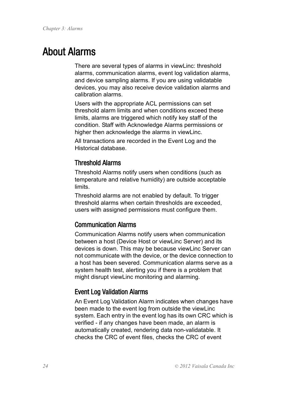 About alarms | Vaisala viewLinc 4.1 User Manual | Page 28 / 60
