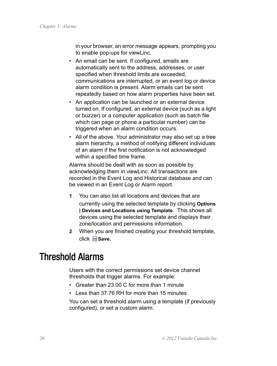 Threshold alarms | Vaisala viewLinc 4.1 User Manual | Page 30 / 60