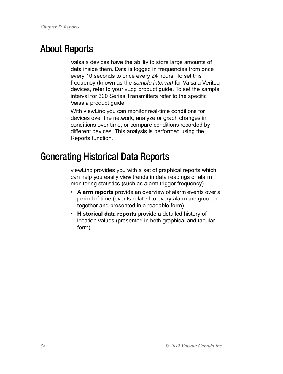 About reports generating historical data reports, About reports, Generating historical data reports | Vaisala viewLinc 4.1 User Manual | Page 42 / 60