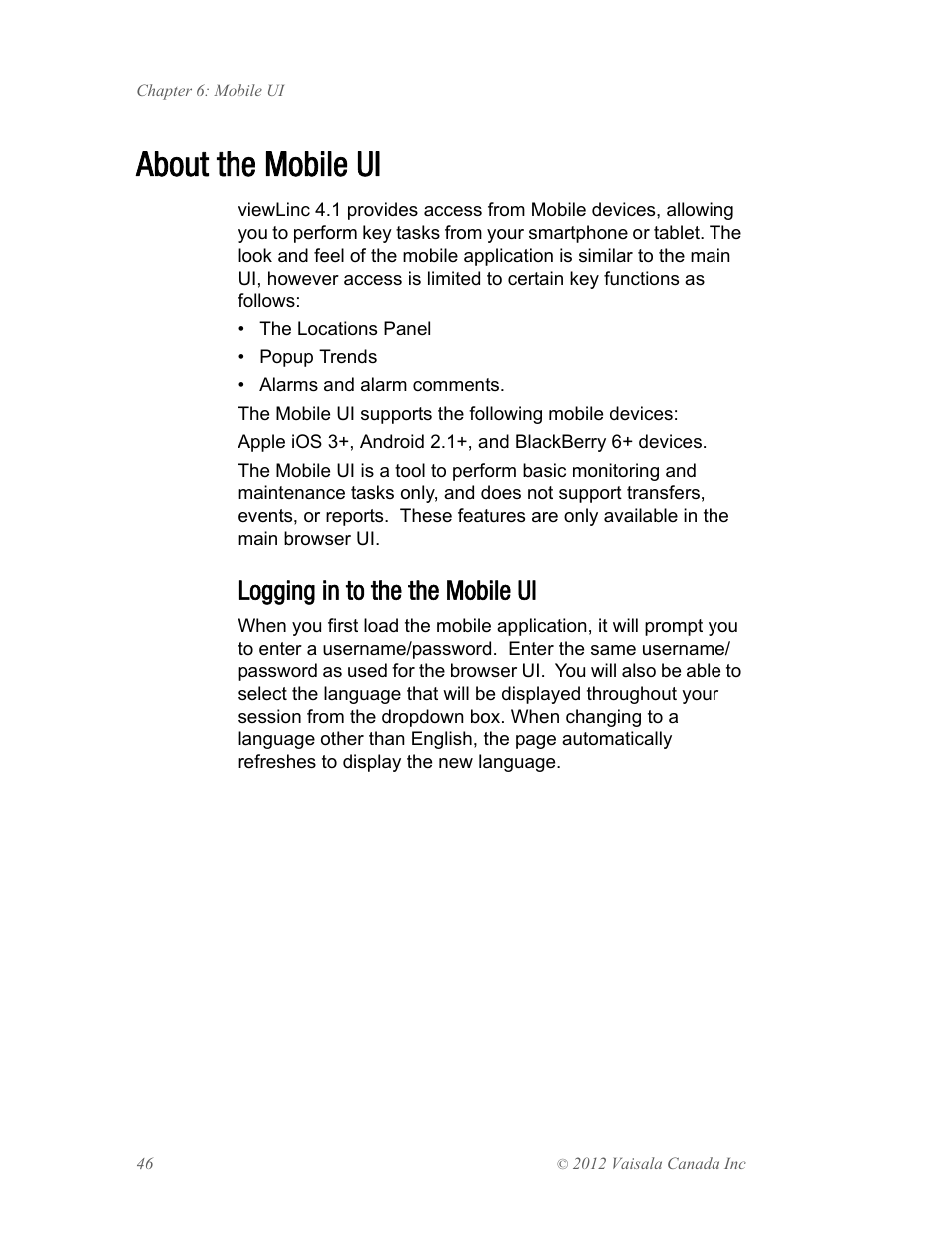 About the mobile ui, Logging in to the the mobile ui | Vaisala viewLinc 4.1 User Manual | Page 50 / 60