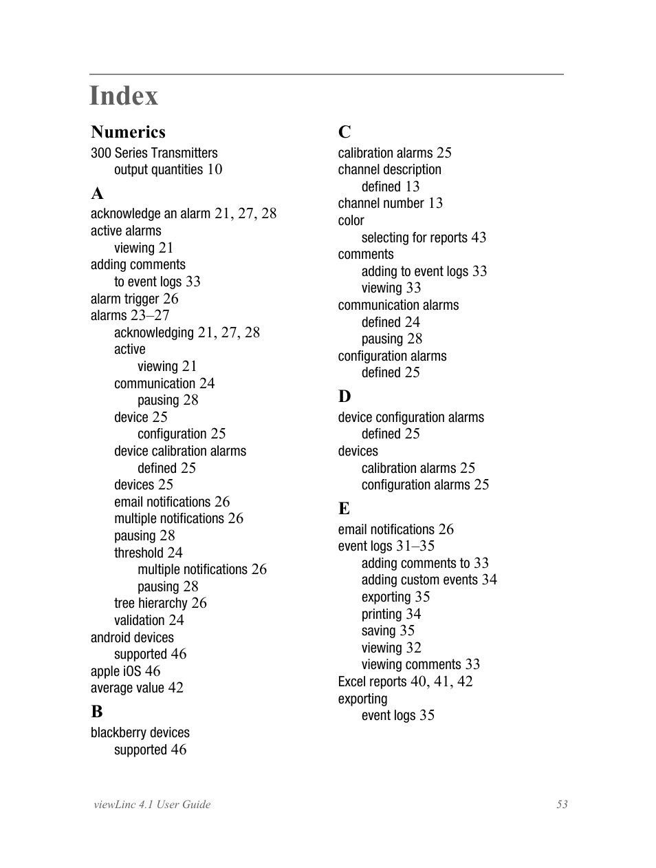 Index, Numerics | Vaisala viewLinc 4.1 User Manual | Page 57 / 60