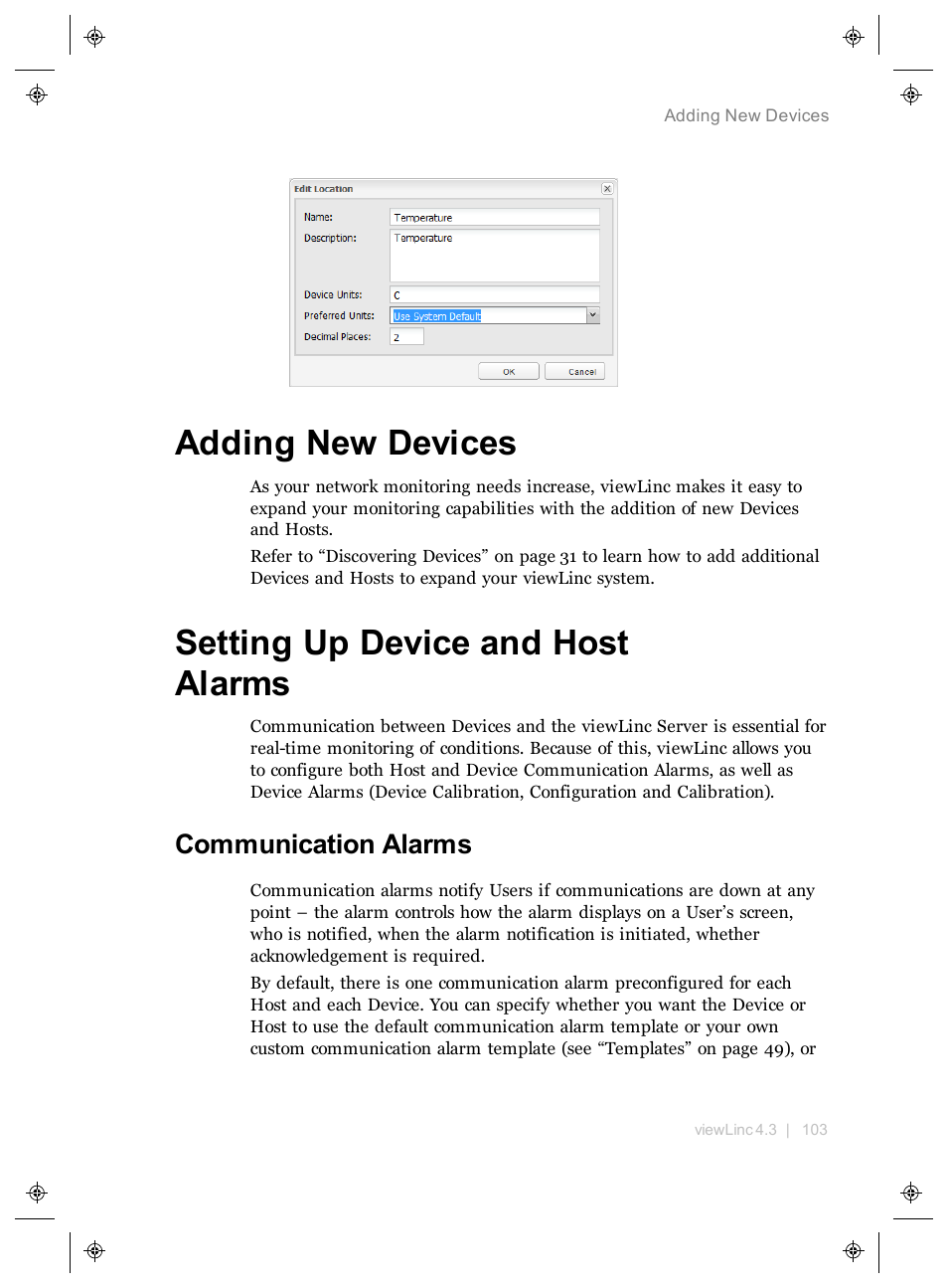 Adding new devices, Setting up device and host alarms, Communication alarms | Vaisala viewLinc 4.3 User Manual | Page 111 / 206