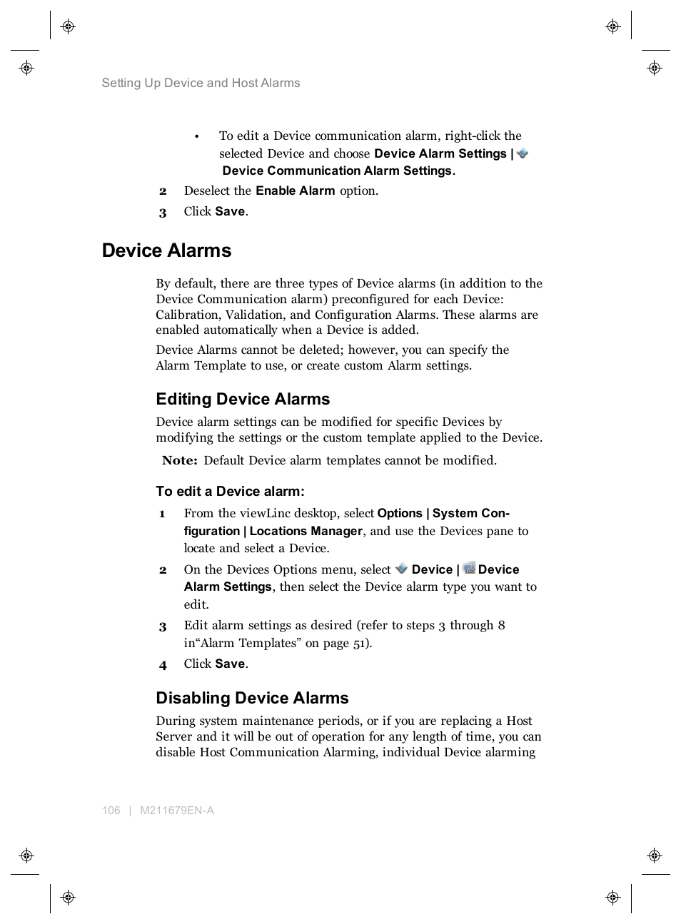 Device alarms, Editing device alarms, Disabling device alarms | Vaisala viewLinc 4.3 User Manual | Page 114 / 206