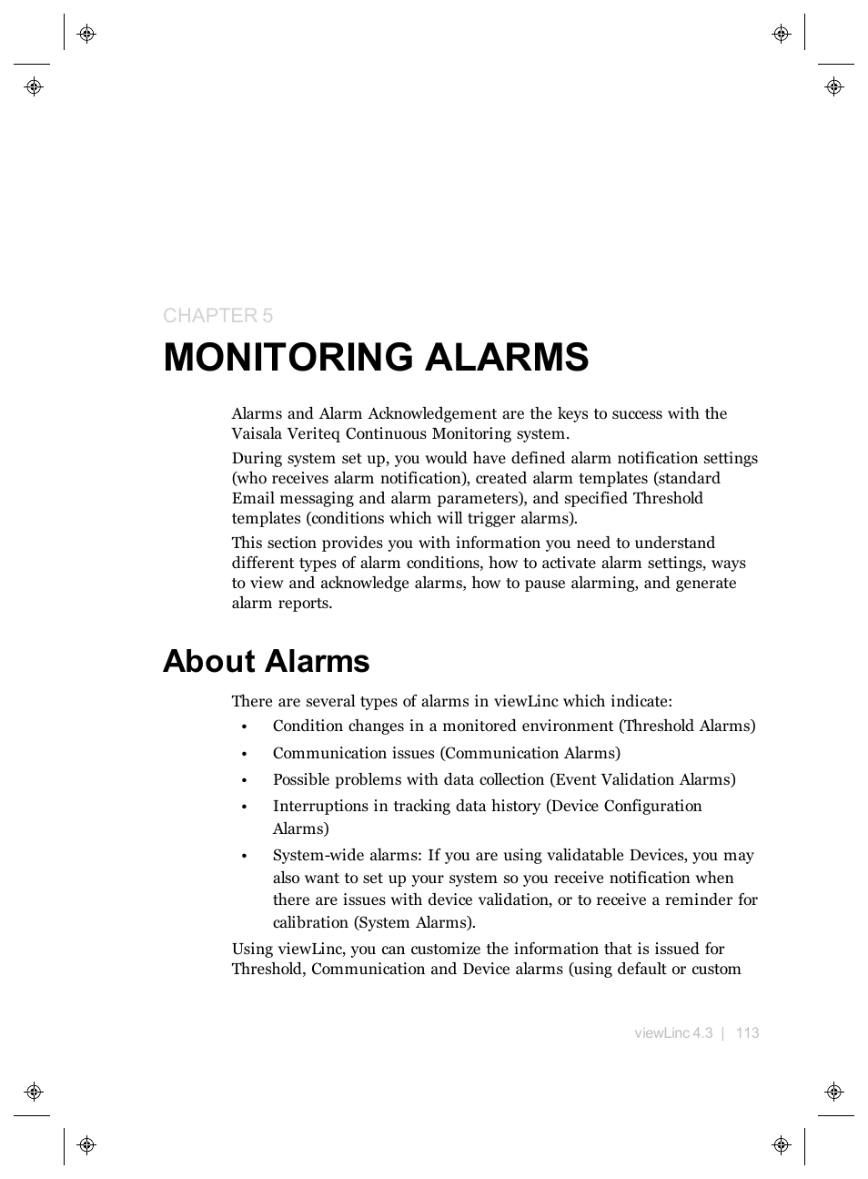 Monitoring alarms, About alarms, Chapter 5 | Monitoring, Alarms | Vaisala viewLinc 4.3 User Manual | Page 121 / 206