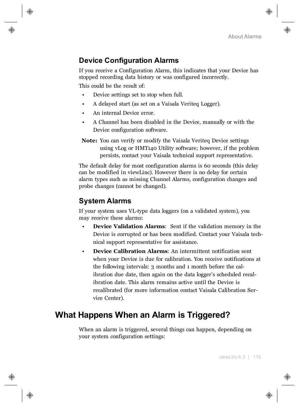 Device configuration alarms, System alarms, What happens when an alarm is triggered | Calibration, System alarms) | Vaisala viewLinc 4.3 User Manual | Page 123 / 206