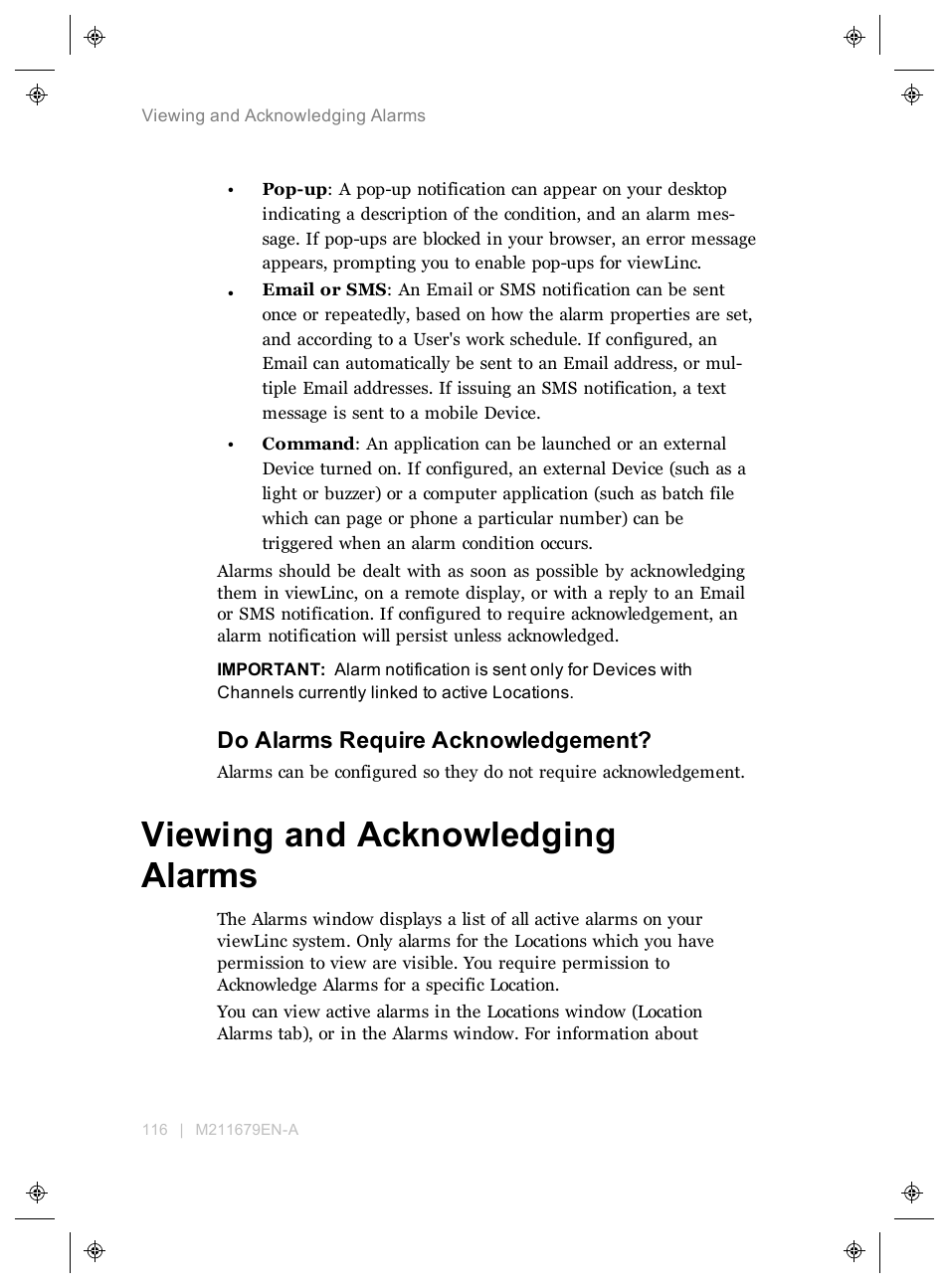 Do alarms require acknowledgement, Viewing and acknowledging alarms | Vaisala viewLinc 4.3 User Manual | Page 124 / 206