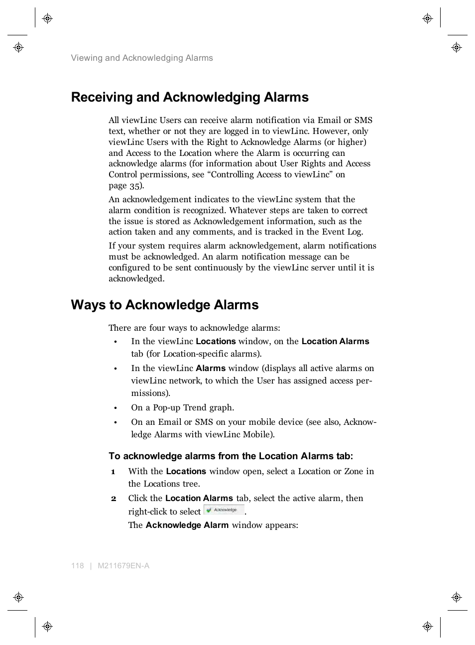 Receiving and acknowledging alarms, Ways to acknowledge alarms | Vaisala viewLinc 4.3 User Manual | Page 126 / 206