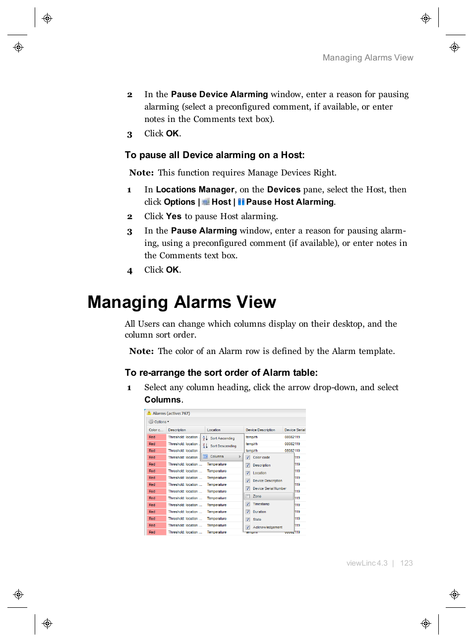 Managing alarms view | Vaisala viewLinc 4.3 User Manual | Page 131 / 206