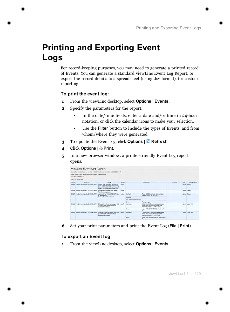 Printing and exporting event logs, Custom options | Vaisala viewLinc 4.3 User Manual | Page 137 / 206