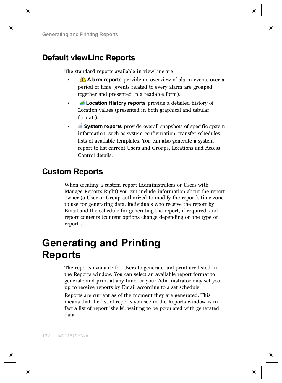 Default viewlinc reports, Custom reports, Generating and printing reports | Vaisala viewLinc 4.3 User Manual | Page 140 / 206