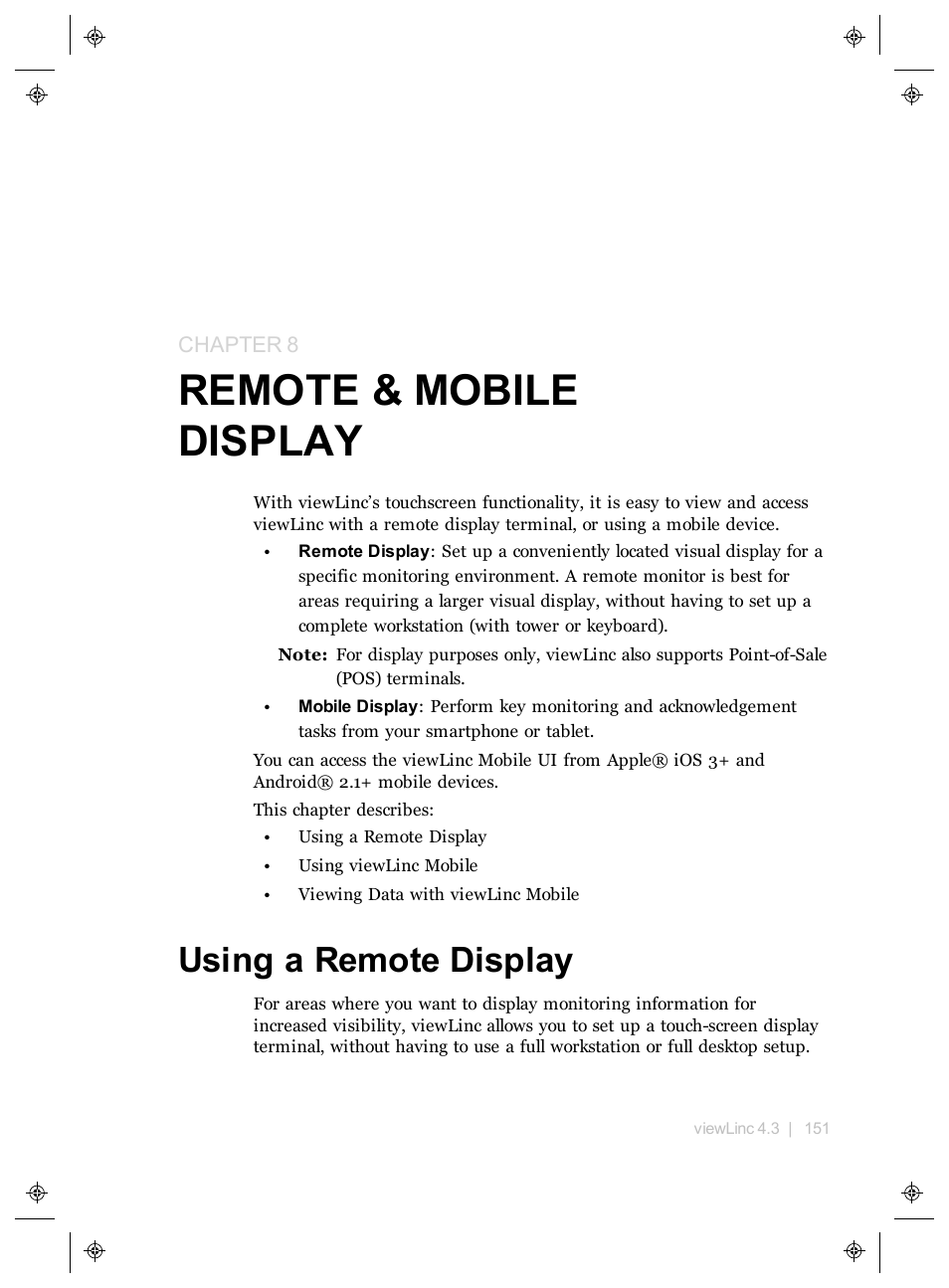Remote & mobile display, Using a remote display, Chapter 8 | Remote, Mobile display, Remote display terminal | Vaisala viewLinc 4.3 User Manual | Page 159 / 206