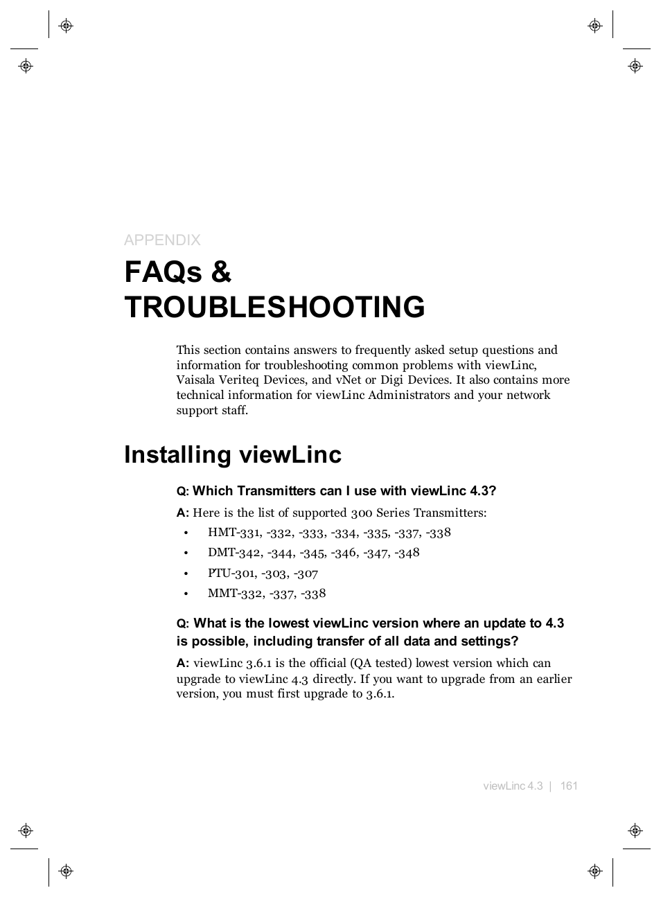 Faqs & troubleshooting, Installing viewlinc, Appendix | Faqs, Troubleshooting | Vaisala viewLinc 4.3 User Manual | Page 169 / 206