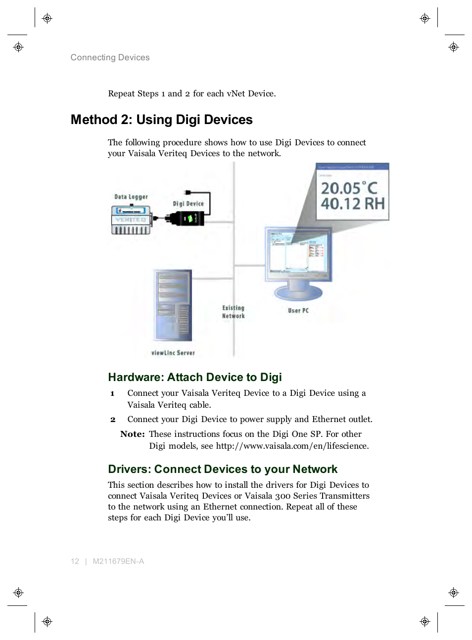 Method 2: using digi devices, Hardware: attach device to digi, Drivers: connect devices to your network | Vaisala viewLinc 4.3 User Manual | Page 20 / 206
